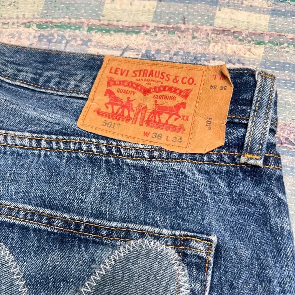 Custom upcycled levis 501 patchwork jeans Size 36x32